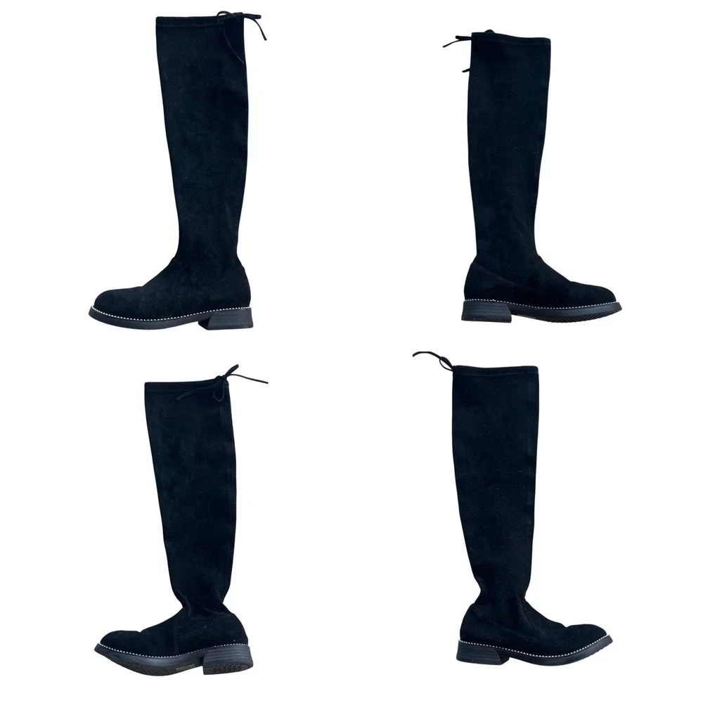 Women 35 Black Stretch Suede Silver Studded Knee High Tie Detail Flat Sole Boots
